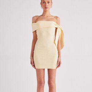 SNDYS Jaymes Mini Dress in Panna Cotta yellow knit off the shoulder bodycon